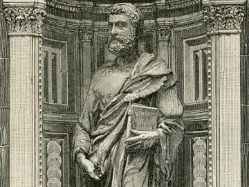 Black and white engraving of Saint Peter standing in an ornate niche, holding a book and a key.