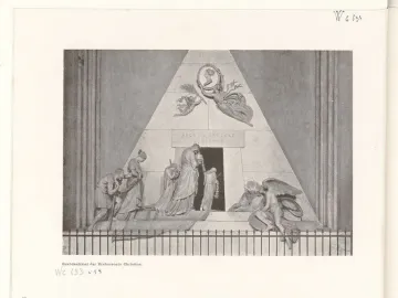 Cenotaph of Archduchess Maria Christina with a white pyramidal monument and sculpted mourners approaching a dark entrance.