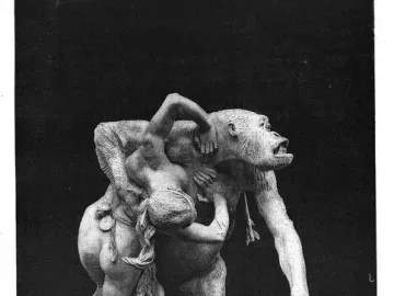 Fremiet\'s Gorilla Carries a Woman sculpture, showing a gorilla carrying a partially draped woman across its back.