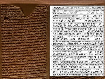 Rassam cylinder fragment with cuneiform inscriptions beside a black-and-white transcription diagram.