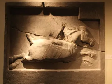 Stone relief of a horse from the Six Steeds of Zhao Mausoleum, shown in profile with its head raised and a harness visible.