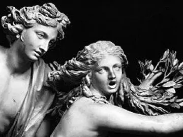 Apollo and Daphne sculpture showing Daphne transforming into branches as Apollo looks on.