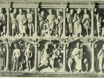 Sarcophagus of Junius Bassus with two tiers of carved relief panels showing many figures in arched architectural frames.