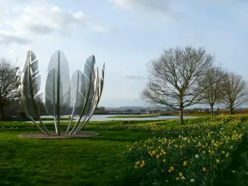 Kindred Spirits sculpture with tall metallic feathers in a circular arrangement.