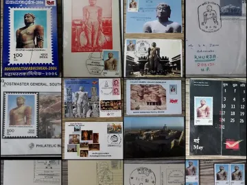 Collection of philatelic items featuring the Gommateshwara statue.