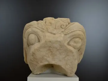 Grifo de Redován stone head sculpture with rounded eyes and a beak-like mouth on a pedestal.