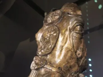 Waldgirmes horse head with ornate metal detailing and medallions on the forehead and cheek