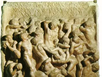 Stone relief of Battle of the Centaurs showing a chaotic struggle of nude, intertwined human and centaur figures.
