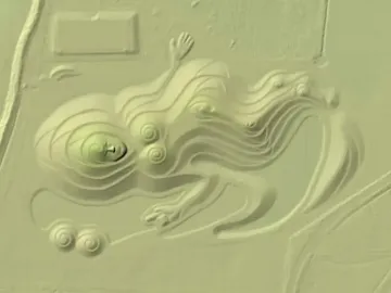 Northumberlandia seen from above as a reclining female landscape sculpture with spiral forms and flowing contours.