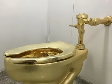 America, a gleaming gold toilet with its lid slightly open against a white wall