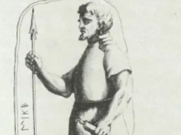 Drawing of the Stele of Avile Tite showing a bearded male figure with a spear beside an inscribed panel.