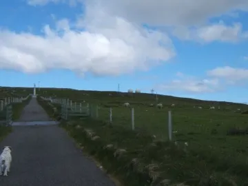 Our Lady of the Isles standing on a grassy hill with a paved path leading up to it.