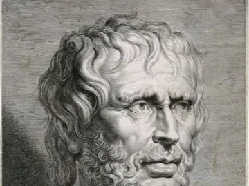 Pseudo-Seneca shown as a black-and-white engraving of a classical bust of an older man with curly hair and a beard.