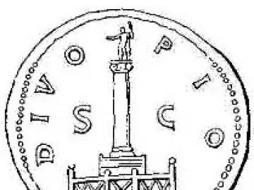 Line drawing of a coin showing the Antoninus Pius Column topped by a standing figure.