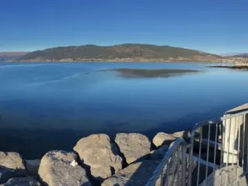 Havmannen sculpture standing in calm fjord water with its reflection visible and a bird perched on its head.