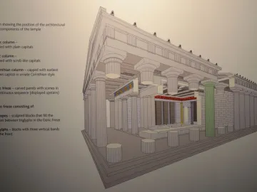 Bassae Frieze shown as a reddish-brown carved band in a temple interior diagram of the Temple of Apollo Epikourios at Bassae.