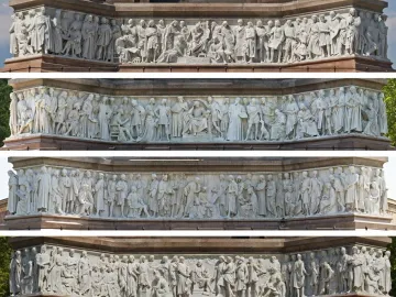 Frieze of Parnassus relief with rows of carved historical figures in draped robes on reddish stone tiers.