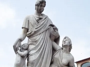 Canapone marble statue group with a standing male figure, seated woman, and two children