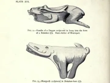 Page showing three carved animal figures, including a reindeer dagger handle, a mammoth, and an unknown animal.