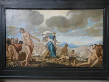 Renaissance-style painting in the Mausoleum of Prince Ernst showing emerging figures, skulls, and bones beneath a cloudy sky.