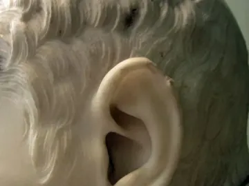 Close-up of Cardinal Alessandro Peretti’s marble ear and wavy hair with a faint yellow stain on the stone.