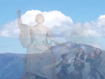 Storia, a translucent statue of George Washington superimposed over a mountain landscape and faded historical painting.