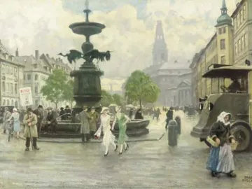 Stork Fountain in a busy city square with a dark basin and three bird figures around the central column.