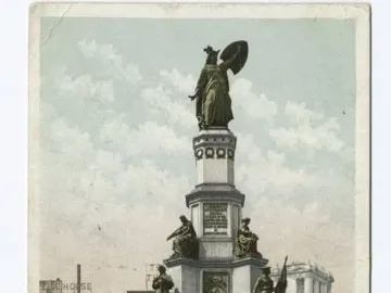 Michigan Soldiers\' and Sailors\' Monument rising in front of downtown Detroit buildings, with a pedestrian on the sidewalk.