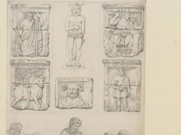 Pencil drawing of carved stone reliefs from the Nautae Parisiaci Pillar, including figures labeled Jovis and Cernunnos and a larger seated figure with listeners below.