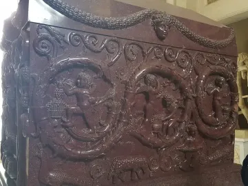 The Sarcophagus of Constantina, a richly carved red porphyry sarcophagus with grapevine reliefs and circular panels of cherubic figures.