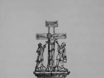 Reconstruction of the top of the Bernward Column showing a crucifixion scene above an inscribed base and spiraling relief shaft