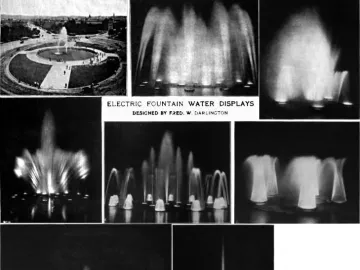 Black-and-white collage of Bailey Fountain showing multiple illuminated water patterns and a circular plaza view