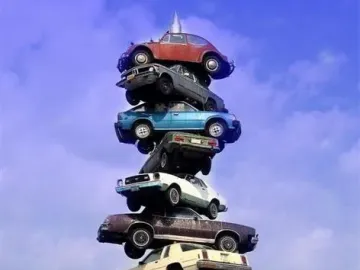 Spindle sculpture with cars stacked vertically on a central pole above a concrete base.