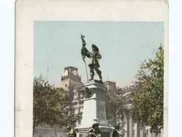 Maisonneuve Monument in Montreal, a multi-tiered monument topped by a standing figure holding a flag, with sculptures at the base and buildings behind it.