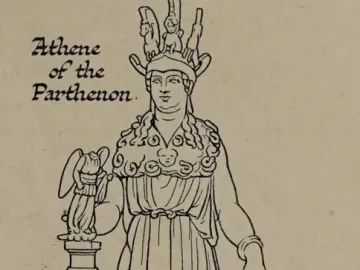 Line drawing of the Varvakeion Athena, a robed female figure wearing an ornate helmet, holding a small winged figure and resting beside a shield with a serpent.