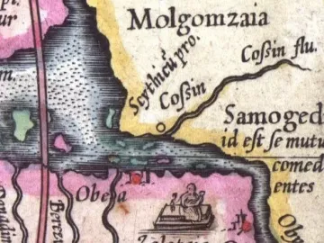 Detail from an old map showing Zolotaia Baba as a seated figure on a rectangular platform, holding a smaller object in her lap.