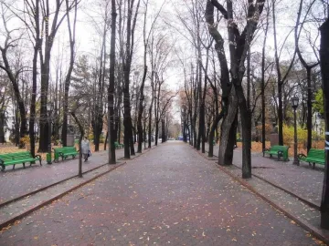 Alley of Classics lined with leafless trees, park benches, and sculptures on pedestals along a paved walkway.