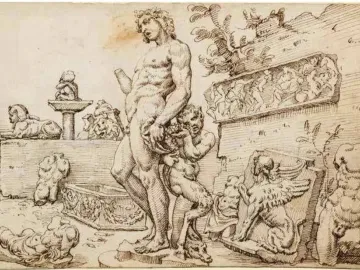 Bacchus, a muscular figure holding grapes, with a satyr clinging to his leg