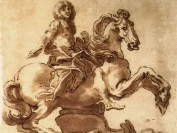 Sepia drawing of a rearing horse with a draped rider in a study for the Equestrian Statue of Louis XIV.