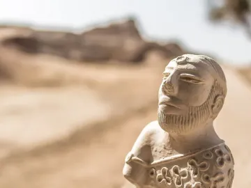 Bust of the Priest-King showing a bearded man with stylized narrow eyes and an intricately patterned garment.