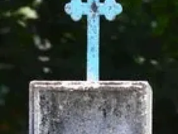 Weathered stone Padrão monument with a shield carving and blue cross, standing in grass and foliage.
