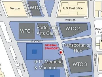 Map of the World Trade Center site showing The Sphere with red markers for its original and current locations.