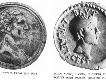Detail of the Brutus bust fibula beside an antique coin showing a profile portrait of Brutus.