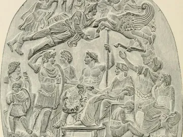 Oval monochrome relief of the Great Cameo of France showing densely arranged figures in three horizontal registers.
