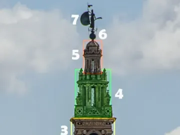 The upper tiers of the Giralda tower with the Giraldillo weather vane at the top, marked with numbered labels.