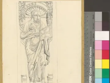 Pencil drawing of a bearded figure in draped robes holding a book within an arched frame, with handwritten text below and a color chart at the side.