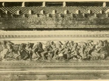 Alexander Sarcophagus with a carved battle frieze and roof-shaped lid