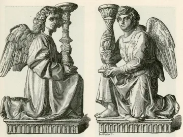 Two kneeling winged angels in flowing robes hold ornate candelabra.
