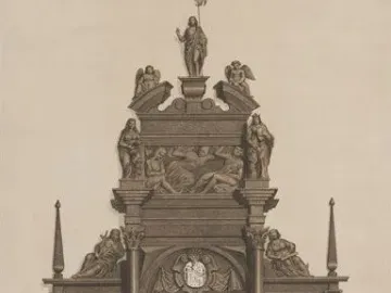 Engraved depiction of the Tomb of Lew Sapieha with multiple reclining figures and a standing figure at the top.