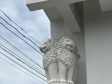 White Lion Capital of Ashoka sculpture with lions back-to-back on a pedestal and a carved circular base.